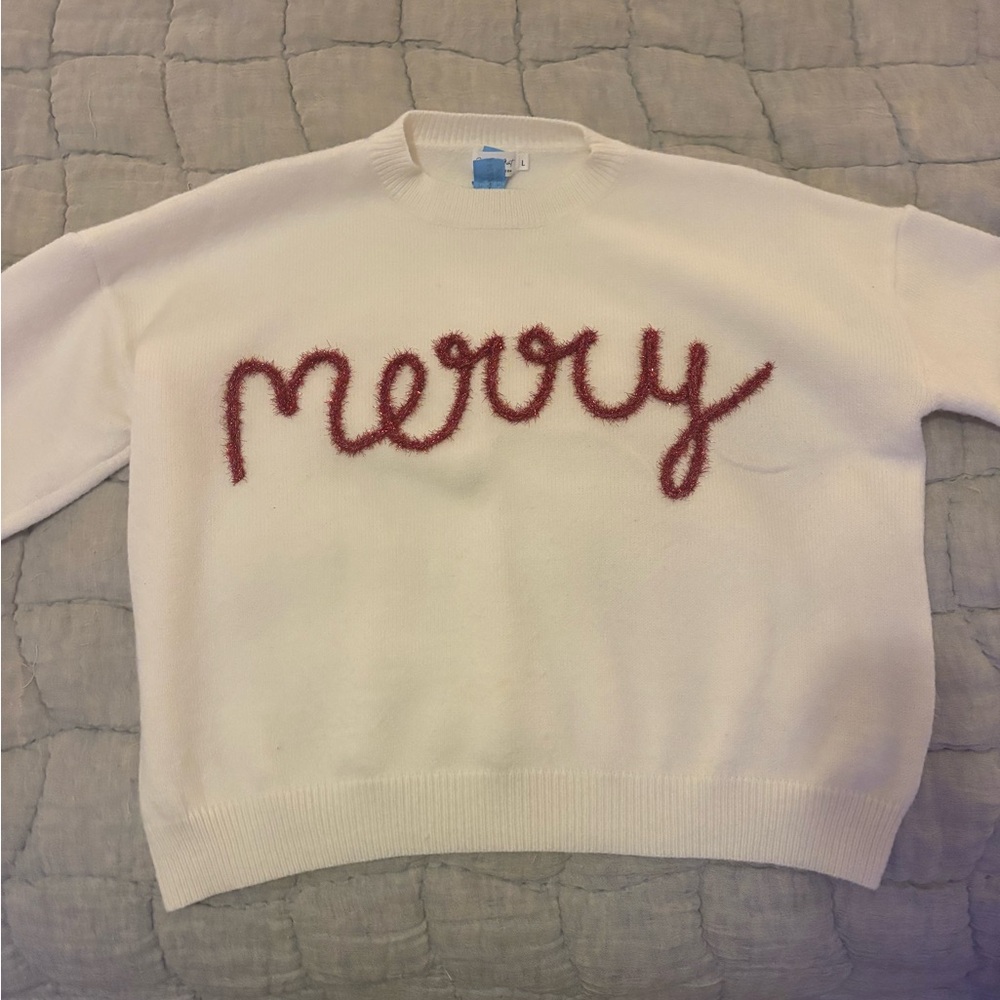Women's Cream Sweater with Red 'Merry' Design in tinsel